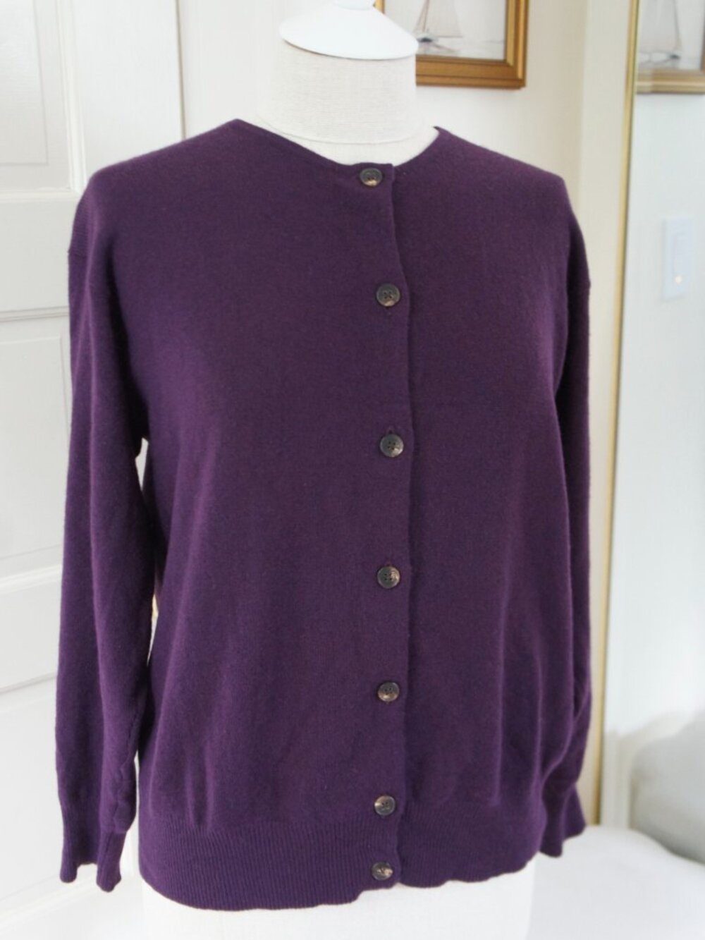 Dark Purple 2ply 100% Cashmere Crew Neck Cardigan Vintage Lord & Taylor Size L